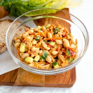 vegan chickpea salad in a glass bowl.