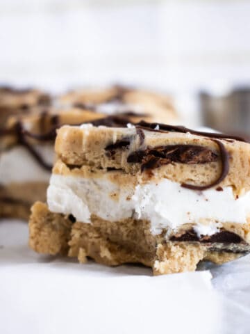 creamy vanilla icecream between two layers of smooth cookie dough with chocolate chunks