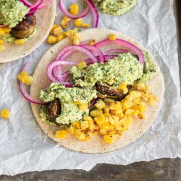 Roasted Brussel Sprout Tacos | The Hangry Chickpea | Vegan Chimichurri sauce, pickled red onions, and street corn.