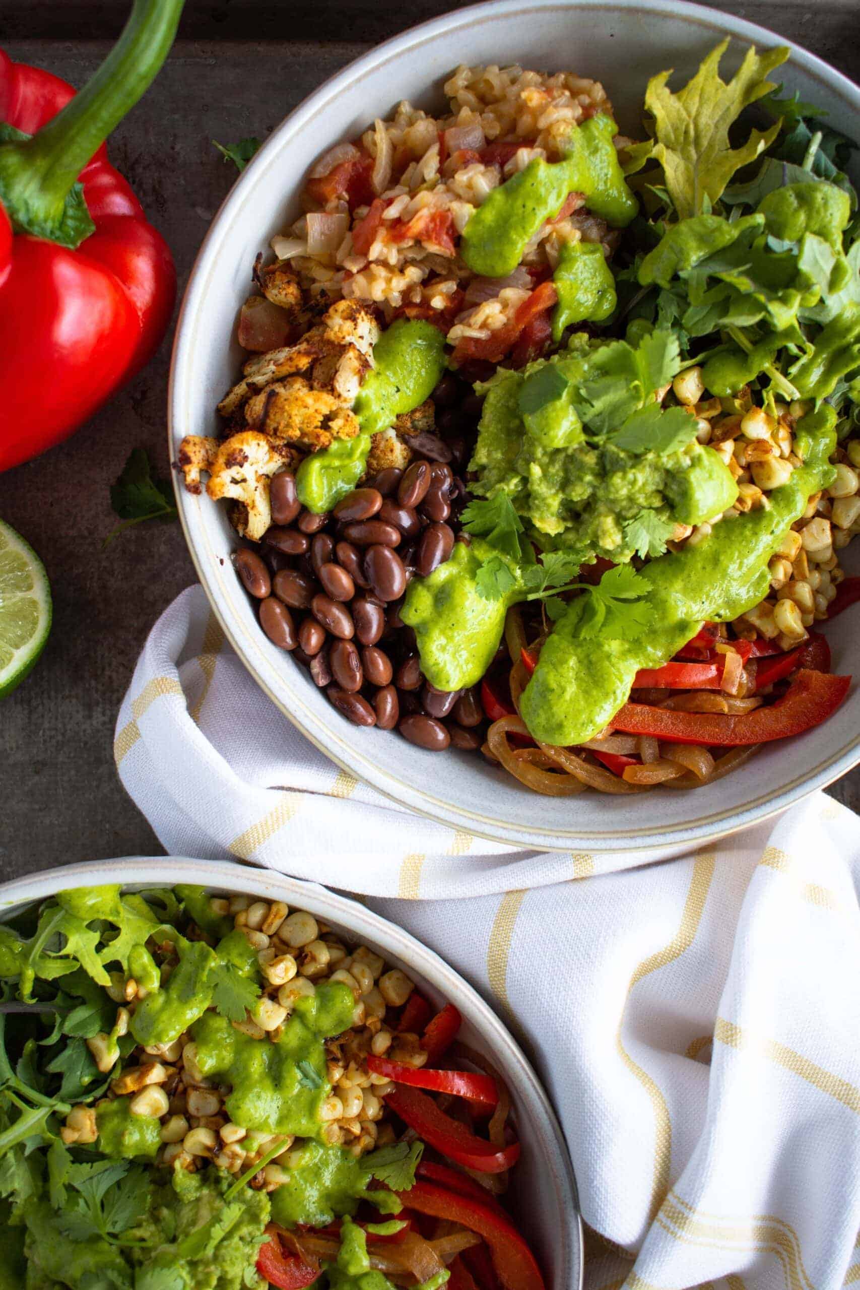 Vegan Burrito Bowl With roasted cauliflower.