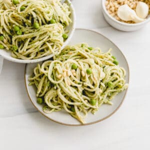 Vegan Pesto Pasta with Vegetables, peas and pine nuts