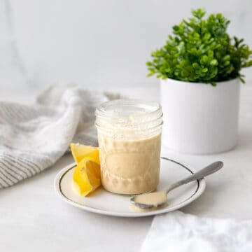 lemon tahini dressing in a jar