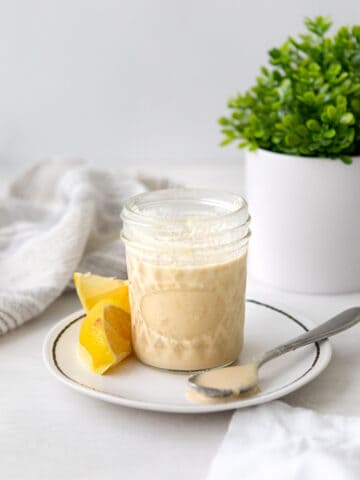 lemon tahini dressing in a jar