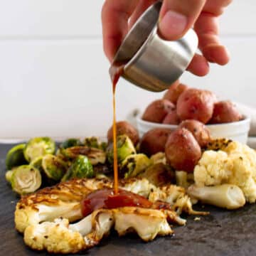 Steak Sauce poured on cauliflower wedges.