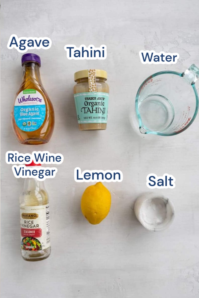 lemon tahini dressing ingredients: tahini, rice wine vinegar, lemon, salt, agave.