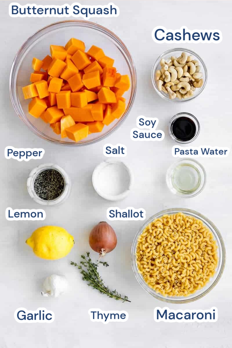 butternut squash mac and cheese ingredients - squash, cashews, soy sauce, grapeseed oil, salt, pepper, lemon, scallion, garlic, thyme and macaroni.