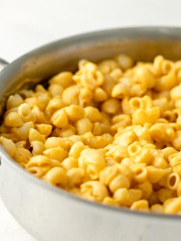 close up of macaroni noodles in a stainless pan covered in velvety yellow butternut squash cheese