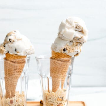 vegan cookie dough icecream on a sugar cone.