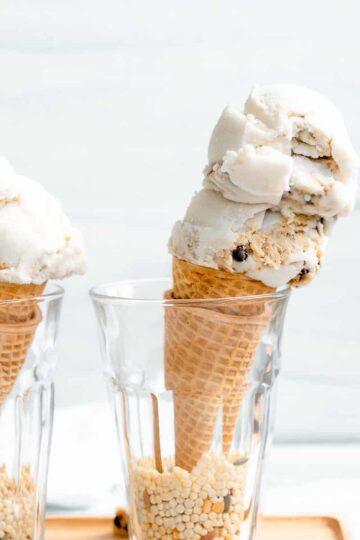 vegan cookie dough icecream on a sugar cone.