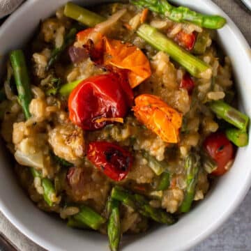 Vegan Summer Risotto in a white bowl.