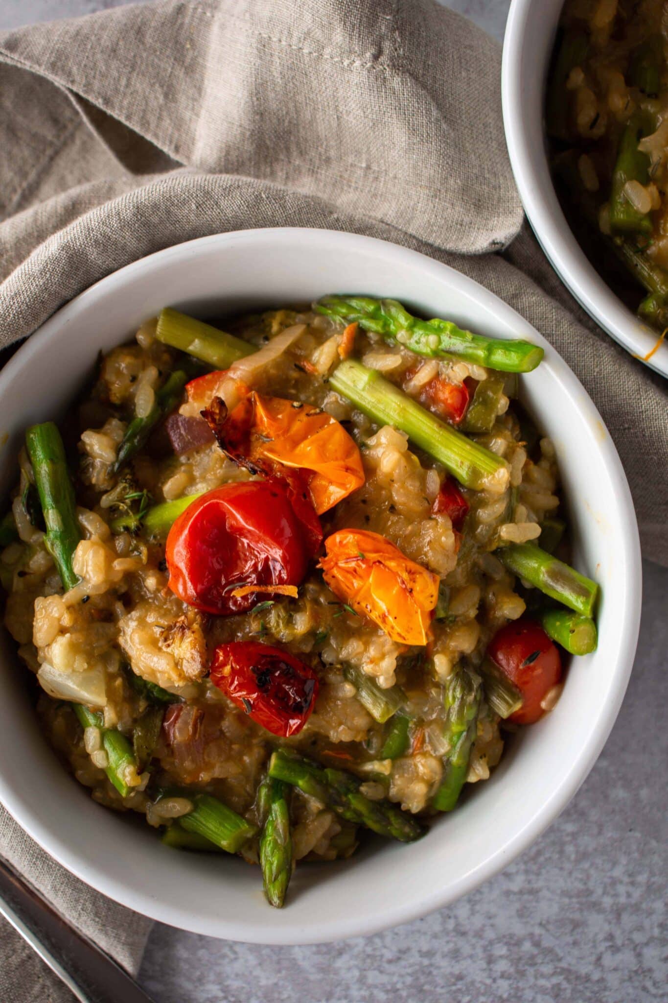 Vegan Summer Risotto in a white bowl.