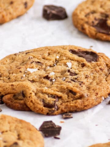 veagn chocolate chip cookie with chocolate pools and flaky sea salt