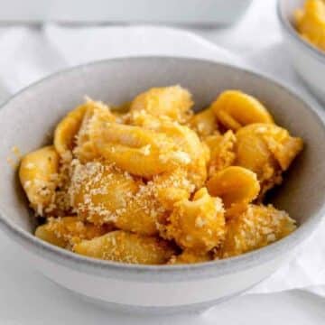 Baked vegan mac and cheese in a bowl.