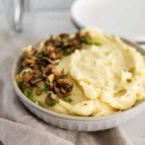 Mashed potatoes with mushroom gravy.