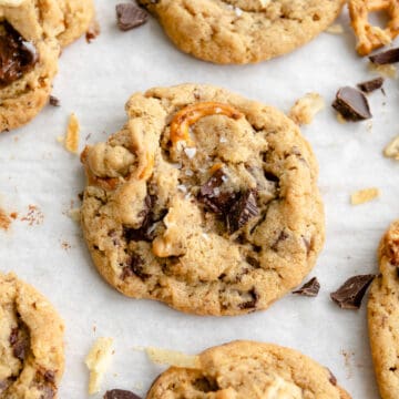 everything cookie with potato chips, pretzels, and chocolate, topped with flaky sea salt.