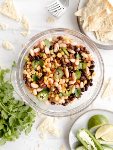 Black Bean Salsa with corn chips, jalapenos, lime, and cilantro