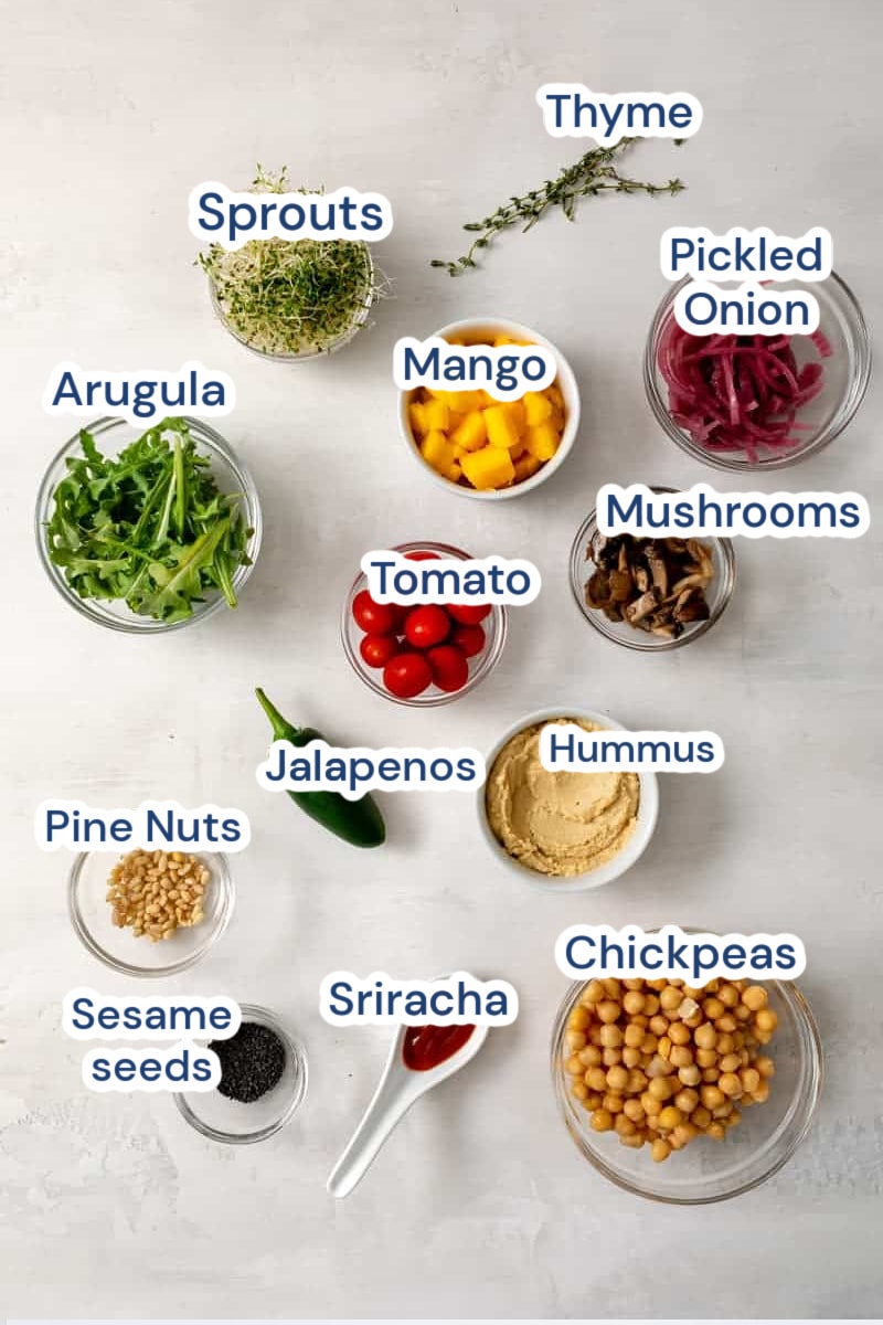 Ingredients for avocado toast with topping ideas, Pickled Onion, Sprouts, Thyme, Mango, Arugula, Tomato, Mushrooms, Red Pepper, Jalapenos, Pine Nuts , black Sesame seeds, Sriracha, Chickpeas, hummus.