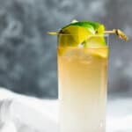 dark and stormy in a collins glass with lime garnish