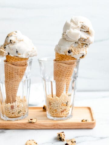 Cookie dough ice cream on a sugar cone