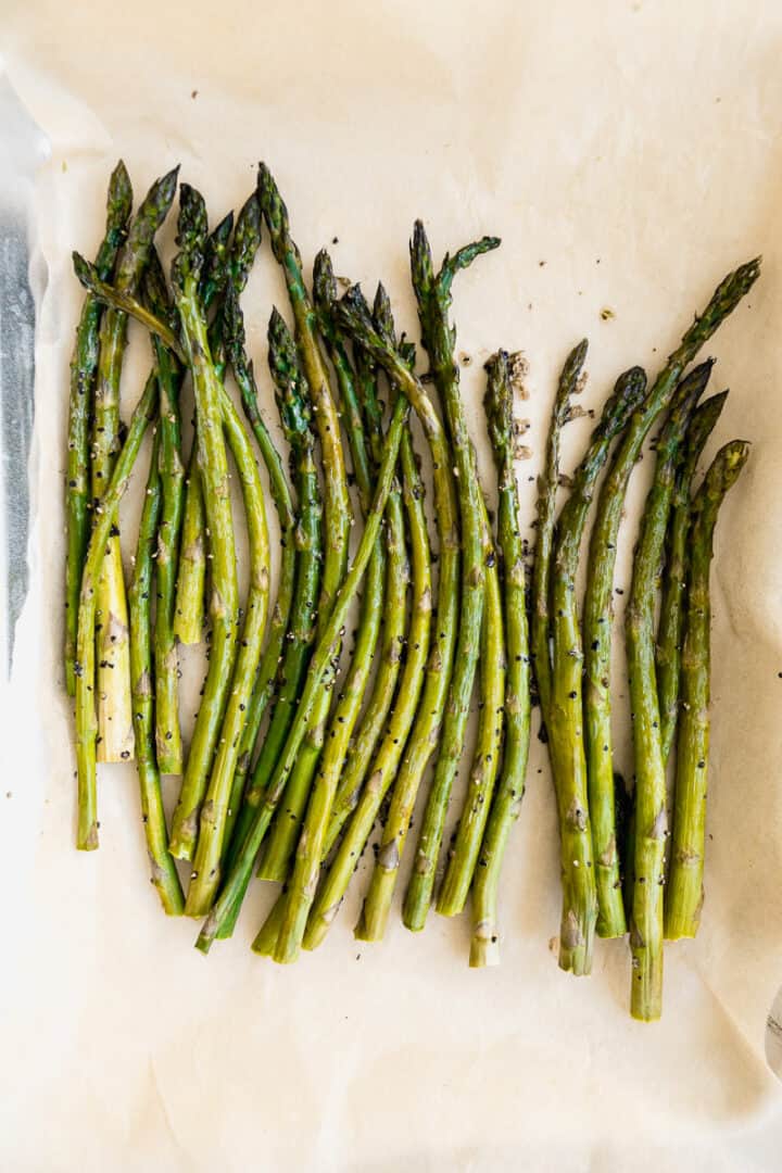 perfect roasted asparagus on a sheet tray