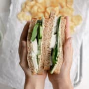 vegan green goddess sandwich with potato chips