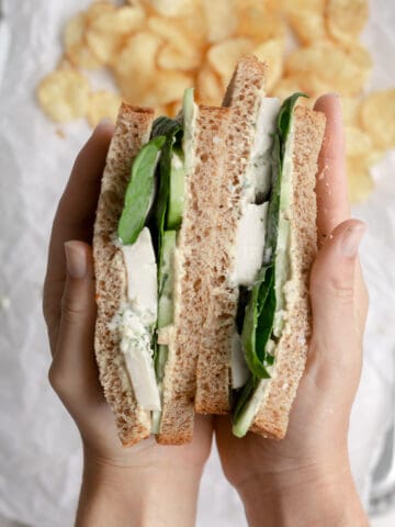 vegan green goddess sandwich with potato chips