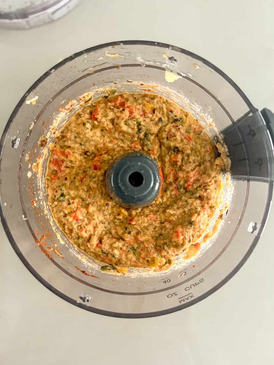 Final baba ganoush in the food processor - little specks of peppers, not totally smooth. 