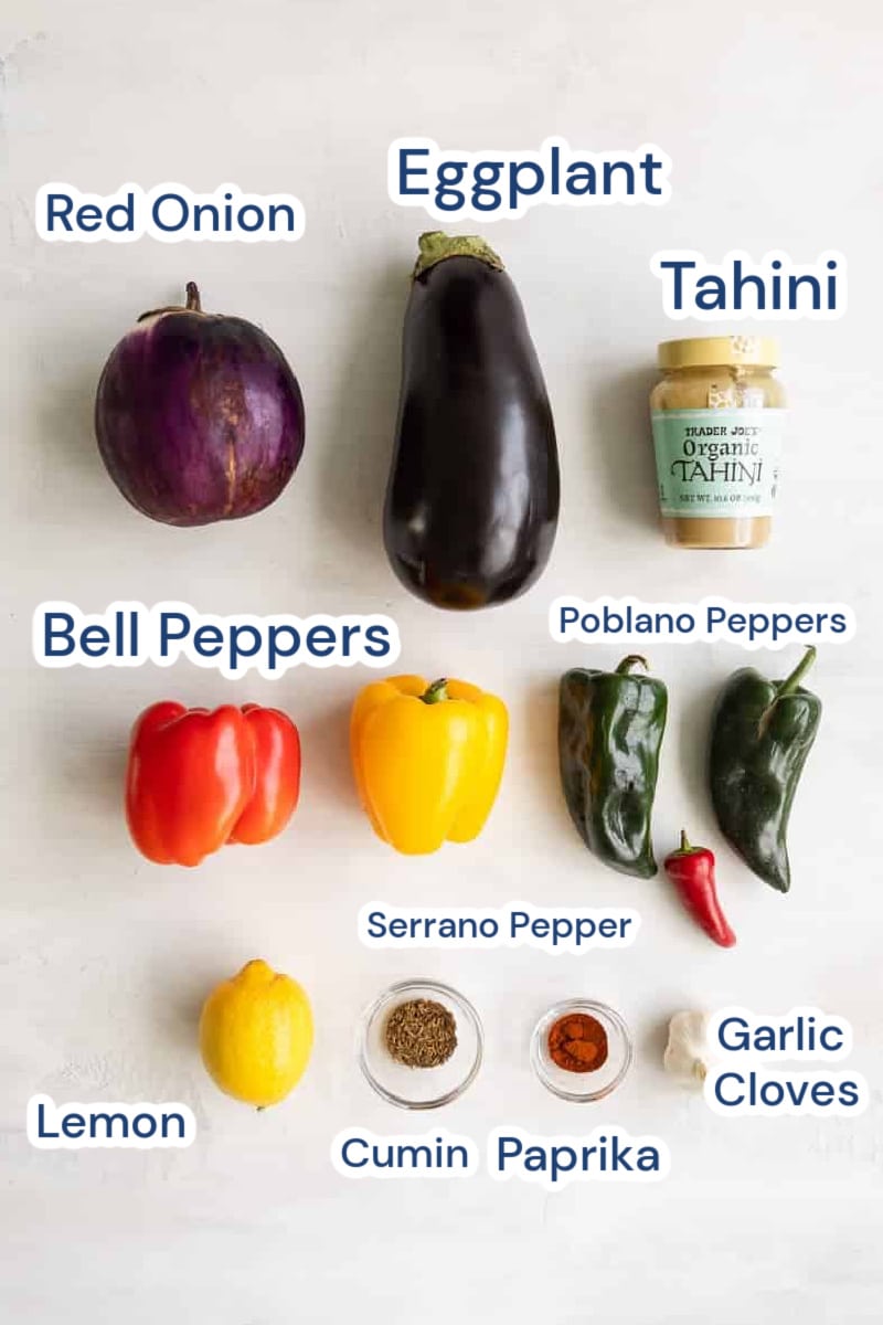 ingredients for baba ganoush, Eggplant, Mushroom, Tahini, Poblano Peppers, Bell Peppers, Serrano Pepper, Cumin, lemon, Garlic, Paprika.