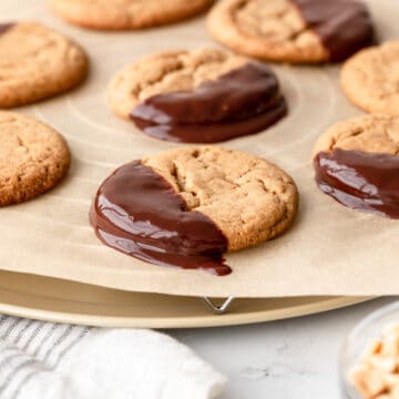 peanut butter cookie freshly dipped into chocolate ganache.