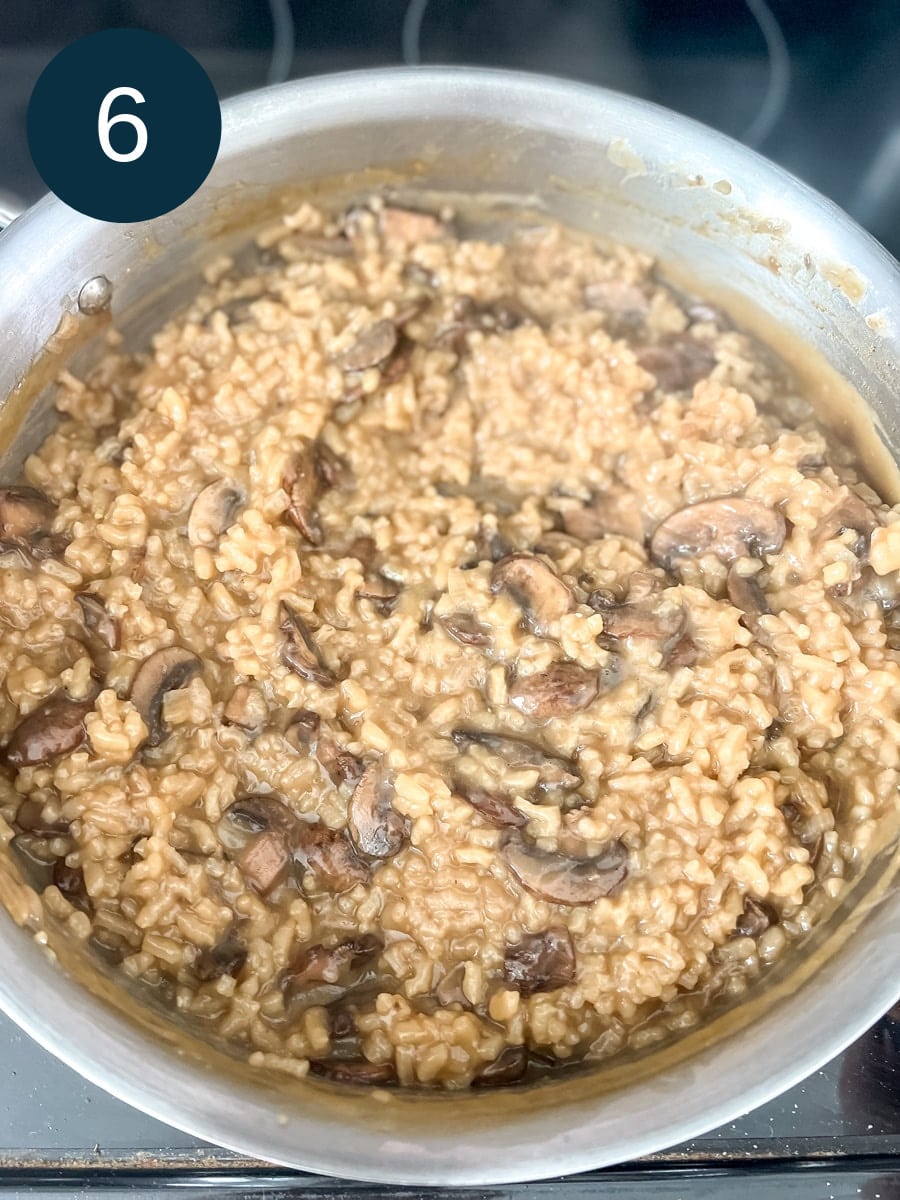 Creamy mushroom risotto rice in a pot ready to serve.