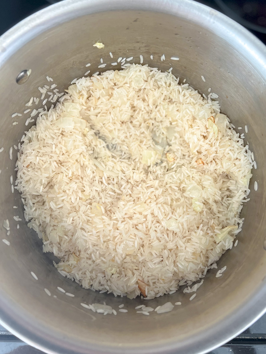 Rice toasting in medium saucepan