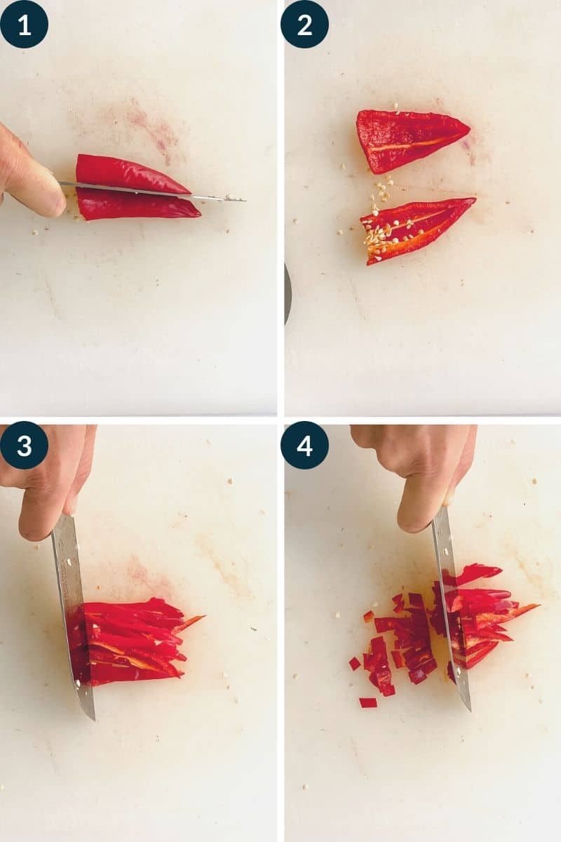 four steps of slicing a red pepper: slice lengthwise like a hotdog, remove seeds, slice into long sticks, then perpendicularly dice. 
