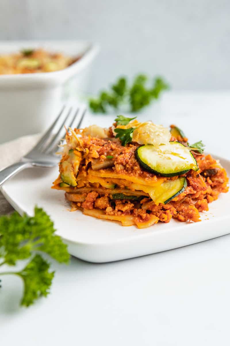 vegan lasagna with veggies, seitan bolognese and zucchini