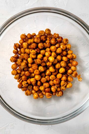 roasted chickpeas in a glass bowl.