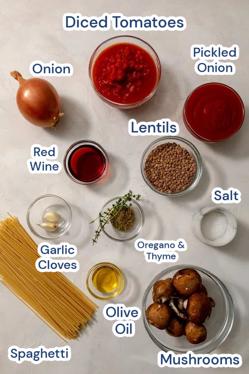 ingredients for vegan spaghetti bolognese with lentils, diced tomatoes, onion, tomato sauce, red wine, lentils, garlic, oregano & thyme, spaghetti , olive oil, salt, mushrooms.