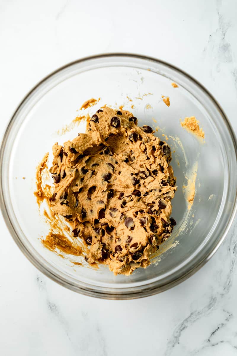 vegan cookie dough with chocolate chips mixed in.